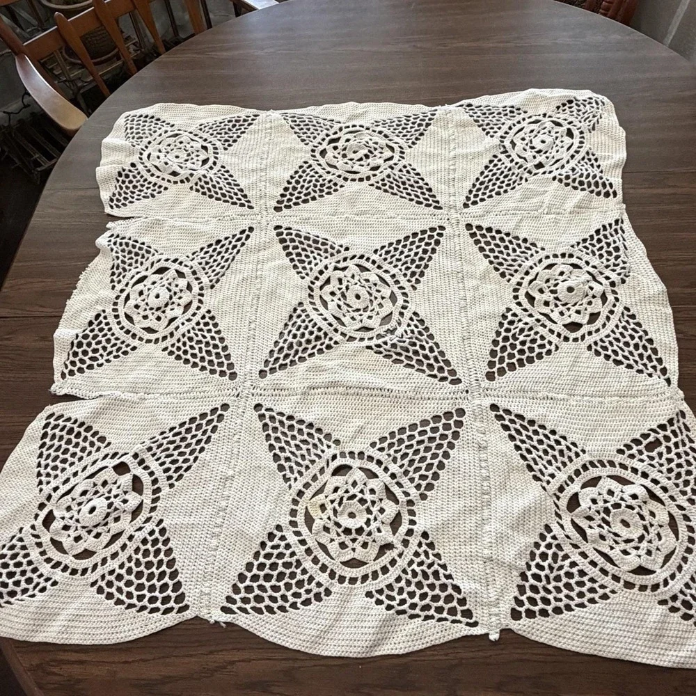 Vintage Handmade Crochet Table Topper 37x34 Floral Medallion Read Description
